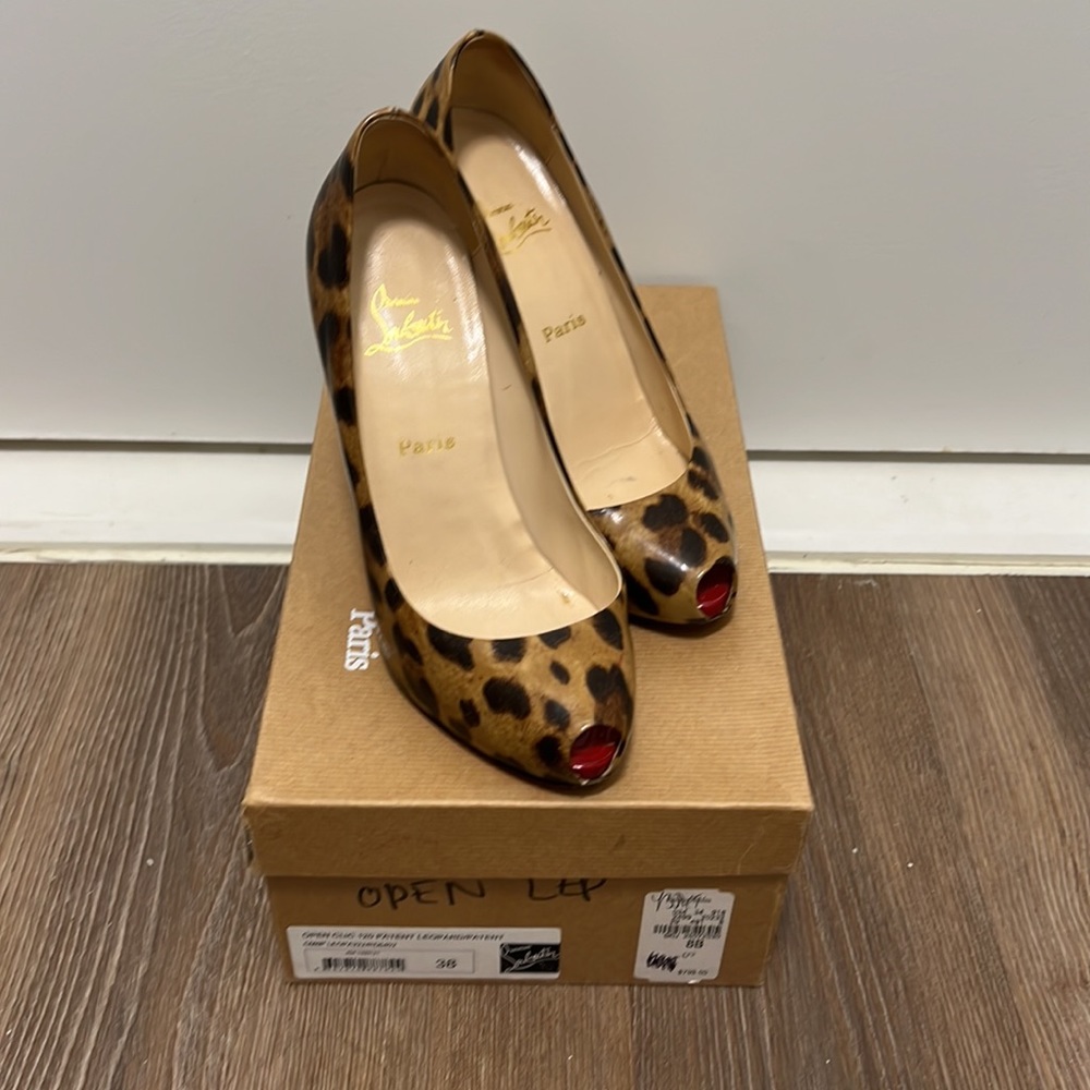 Christian Louboutin 120 Patent Leopard Peep Toe